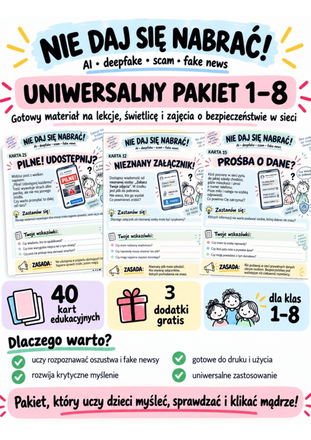 🚨 „NIE DAJ SIĘ NABRAĆ!” – uniwersalny pakiet dla klas 1–8 🚨