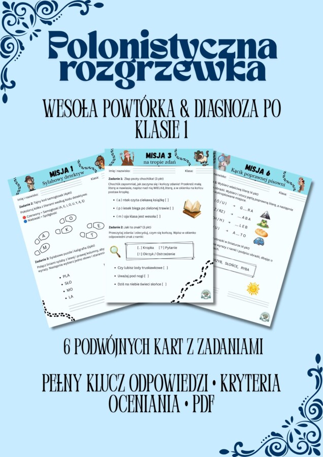Polonistyczna Rozgrzewka – Klasa 2. Wesoła Powtórka po Wakacjach & Diagnoza Wstępna (6 Kart + Przewodnik + Klucz)