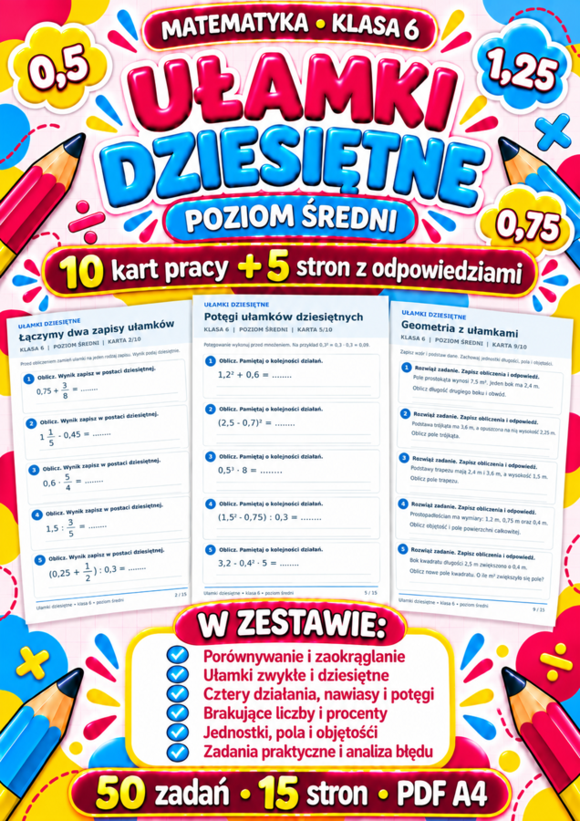 UŁAMKI DZIESIĘTNE-ŚREDNIE-klasa 6