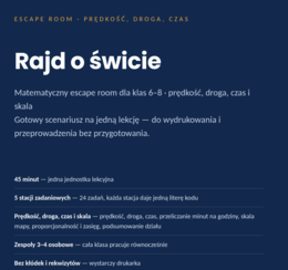 Escape room matematyczny: Rajd o świcie — prędkość, droga, czas (klasy 6–8, PDF)