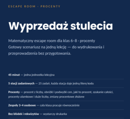 Escape room matematyczny: Wyprzedaż stulecia — procenty (klasy 6–8, PDF)