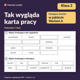 Kalendarz: dni tygodnia, miesiące i daty - karta pracy z kluczem | Matematyka, klasa 2 | Wariant A