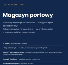 Escape room matematyczny: Magazyn portowy — bryły (klasy 7–8, PDF)
