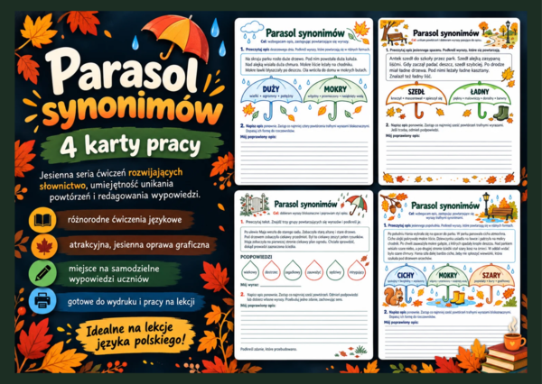 🍂 Parasol synonimów – 4 karty pracy rozwijające słownictwo ☔ - słownictwo - synonimy - jesień