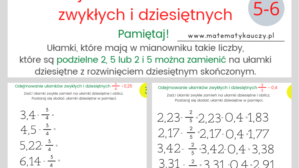 Ułamki Dziesiętne Klasa 6 Karta Pracy Odejmowanie ułamków zwykłych i dziesiętnych / KARTY PRACY kl.5 – kl.6