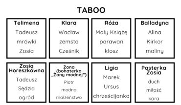 Obrazek przedstawia karty do gry Taboo.