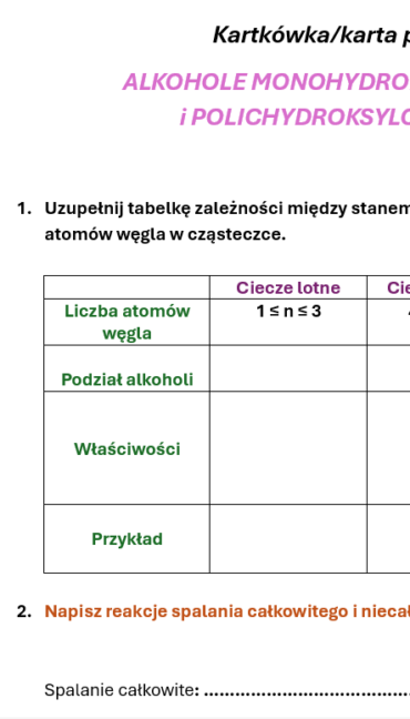 Alkohole monohydroksylowe i polihydroksylowe. KARTA PRACY/KARTKÓWKA
