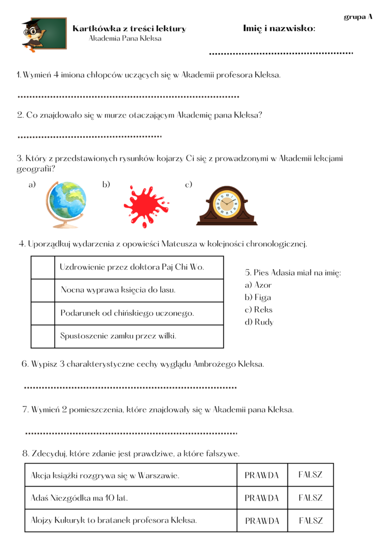 Akademia Pana Kleksa. Kartkówka Z Treści Lektury • Złoty Nauczyciel