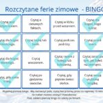 Przykładowa strona materiału edukacyjnego Czytelnicze BINGO! na ferie zimowe, z zadaniami zachęcającymi dzieci do czytania w różnych miejscach i sytuacjach.