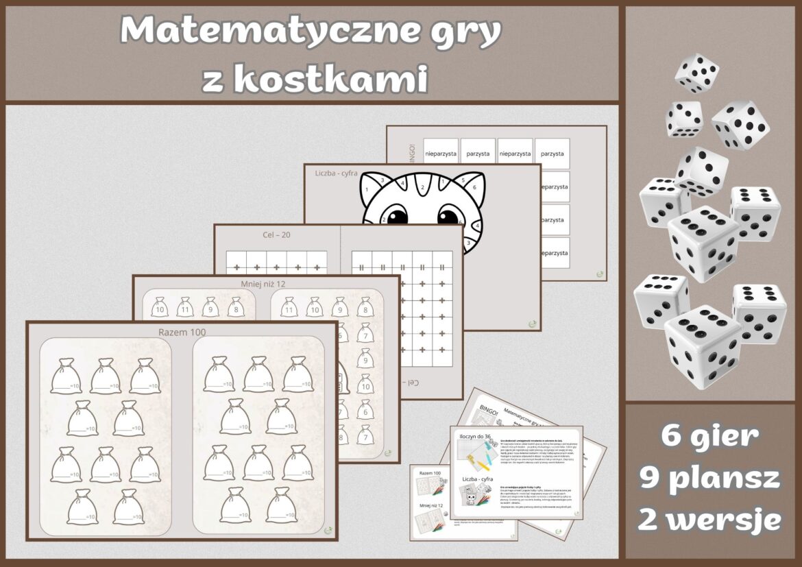 Zestaw edukacyjny gier matematycznych z kostkami dla dzieci, wspierający naukę dodawania, odejmowania i mnożenia.