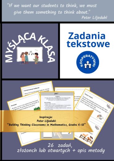 Strona tytułowa materiału dydaktycznego 'Zadania tekstowe - Myśląca Klasa'. Ilustracja przedstawia dzieci pracujące w grupach, w skupieniu nad zadaniami matematycznymi.