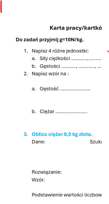 Podsumowanie tematów gęstość i ciężar w formie pracy na lekcji - karta pracy lub kartkówka.