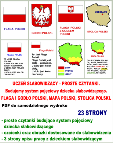 UCZEŃ SŁABOWIDZĄCY – PROSTE CZYTANKI. Budujemy system pojęciowy dziecka słabowidzącego. FLAGA I GODŁO POLSKI, MAPA POLSKI, STOLICA POLSKI.