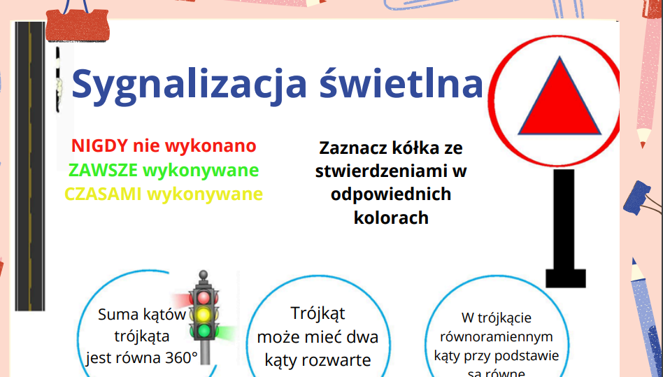 Sygnalizacja świetlna: Nauka właściwości trójkątów w kolorowej formie!