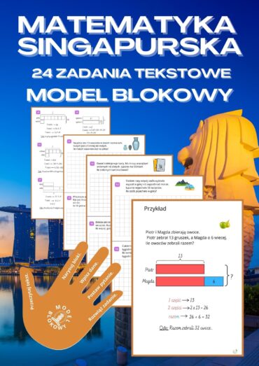 Strona tytulowa z przykładowym zadaniem tekstowym i rozwiązaniem, opracowanym w oparciu o metodę matematyki singapurskiej – model blokowy.