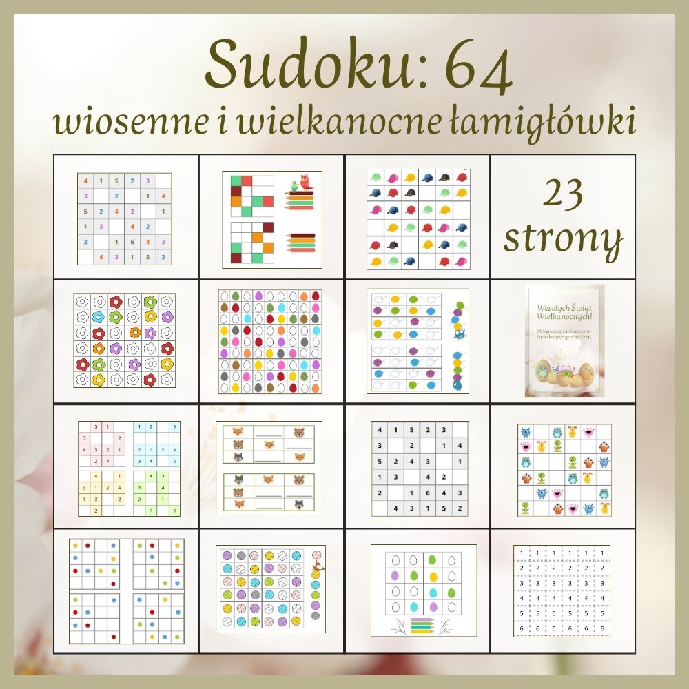 Strona tytułowa przedstawia przykładowe sudoku z zestawu – zarówno klasyczne z cyframi, jak i warianty z obrazkami oraz symbolami. Kolorowa i przejrzysta grafika zachęca młodszych uczniów do zabawy i rozwijania logicznego myślenia