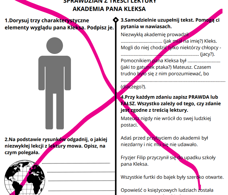 Sprawdzian Z Treści Lektury Akademia Pana Kleksa • Złoty Nauczyciel