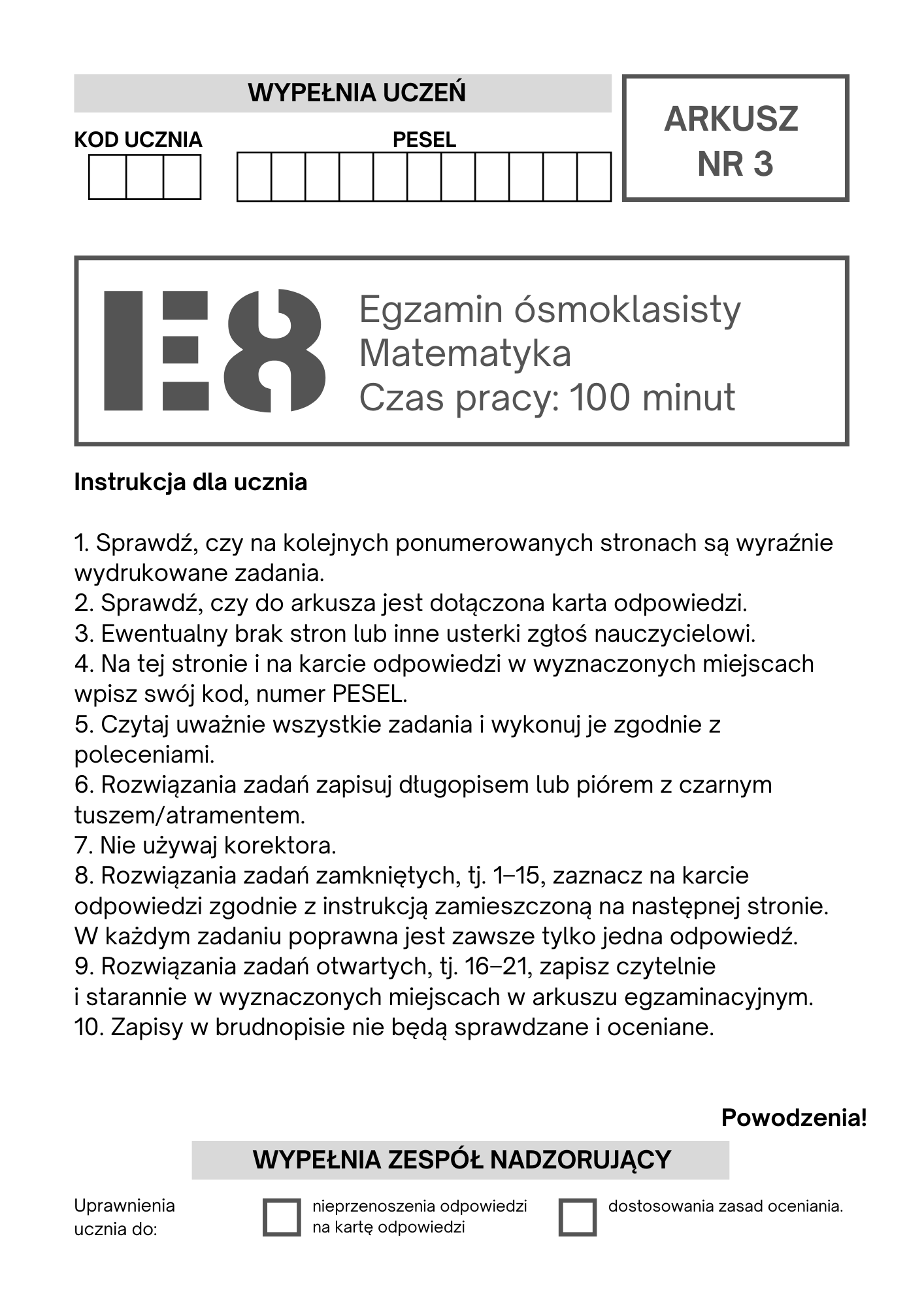 Egzamin ósmoklasisty z matematyki próbny arkusz nr 3. Egzamin w